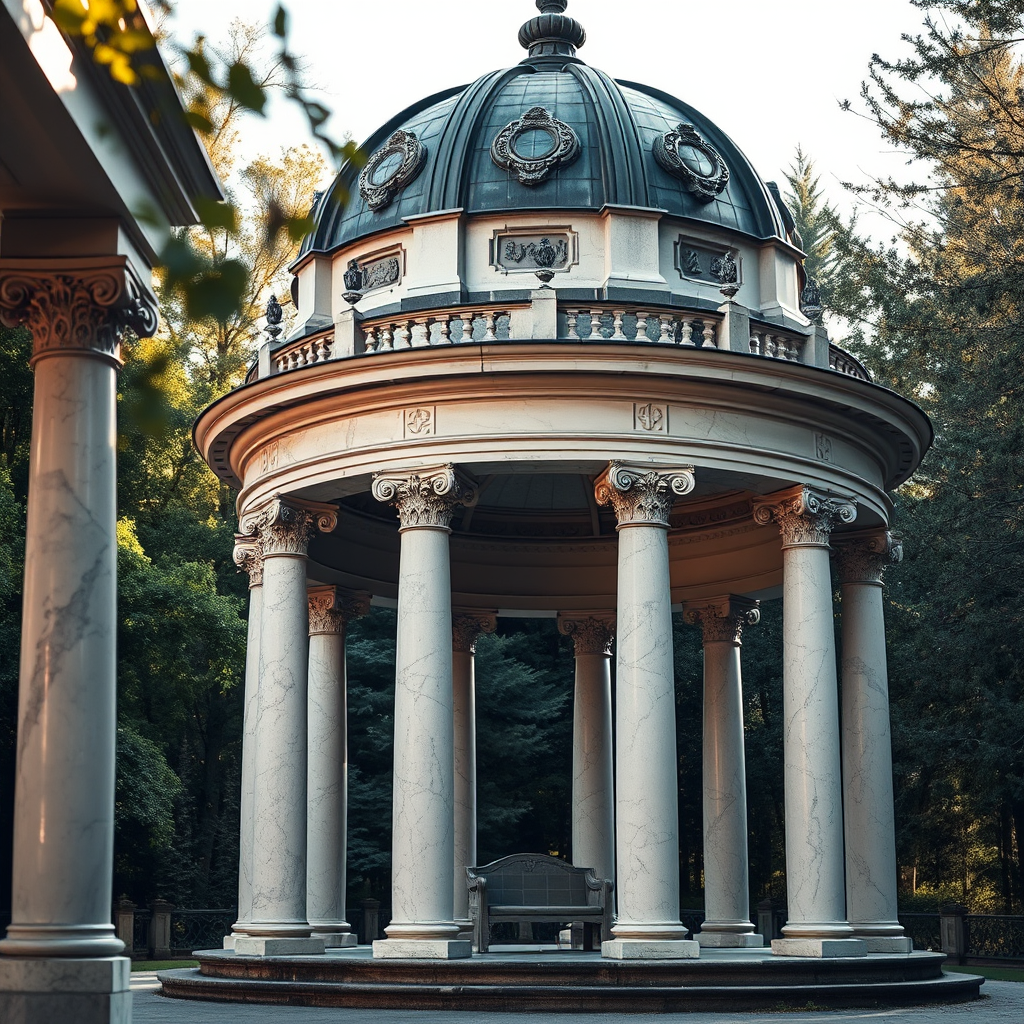 Regenerate the image of a classical stone gazebo with a domed roof and intricate detailing, surrounded by elegant marble columns, illuminated by soft natural lighting, taken from a low angle with a 50mm lens, f/8 aperture, ISO 100, using a DSLR camera in sharp focus to enhance texture and depth.