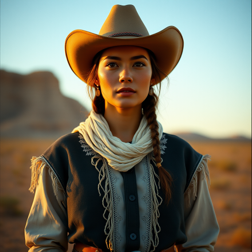 Dramatic photo of a beautiful Kazakh woman, classic cowboy attire, confident and free spirit expression, half-length portrait, centered, golden hour desert landscape, warm, diffused light, low angle, medium format film camera, in style of Annie Leibovitz.