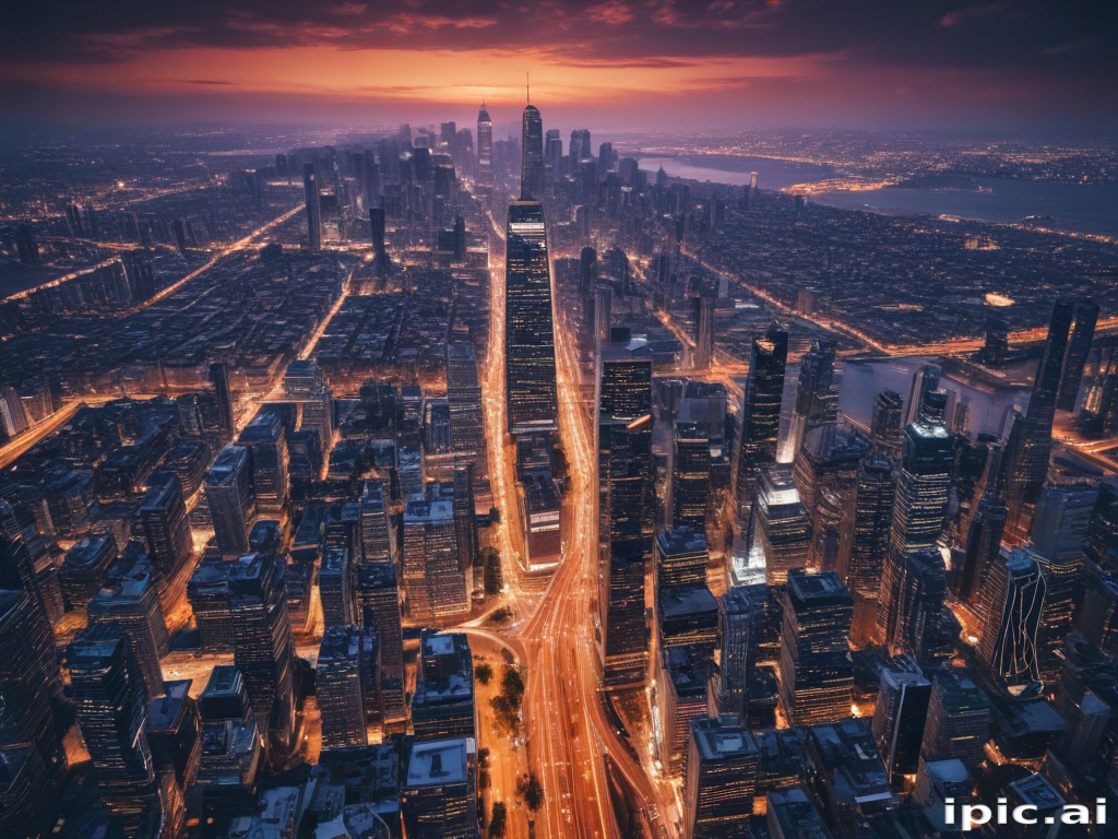 Stunning Aerial View of a Vibrant City Skyline at Twilight