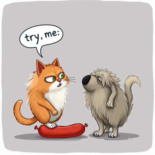 caricature of a silly whimsical fluffy cat with a mean look she has one foot on a sausage and is looking at an old scraggly big dog the cat has a thought bubble above her head that says “try,me"