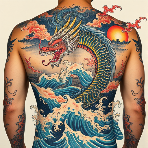 Japanese irezumi-inspired full back tattoo named "Dragon's Ascent" portraying a fierce dragon emerging from stormy waves with intricate scales and clouds in rich blues, reds, and gold
