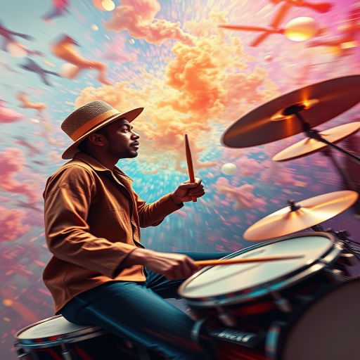 drummer in a surreal scene, vibrant colors, dynamic motion, high detail, 50mm lens, f/1.8 aperture, ISO 100, natural lighting, shot from eye level, digital painting style, high resolution