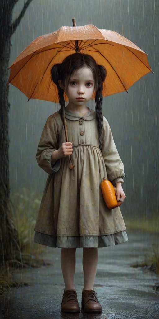 An eerie, weird little girl with dark hair in thin pigtails, wearing a smock dress, standing in the rain, holding a dirty orange umbrella, a small, odd creature beside her. In a surreal style inspired by Nicoletta Ceccoli and Brian Froud. Dark fantasy themes