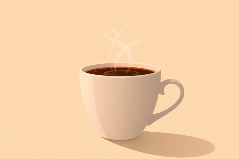 Create a minimalist illustration of a coffee cup with steam rising, focused on warm colors, using a DSLR camera, f/2.8 aperture, 50mm lens, and natural lighting for high detail and clarity.