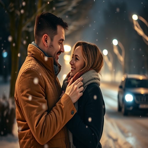 Create a romantic winter scene featuring a couple outdoors at night, capturing a warm moment as the man adjusts the woman's scarf, soft snow falling around them, with a softly lit background of trees and a car in the distance; use a Canon EOS 5D Mark IV, aperture f/2.8, ISO 400, 50mm lens, and a shallow depth of field to enhance focus on the couple while gently blurring the background.