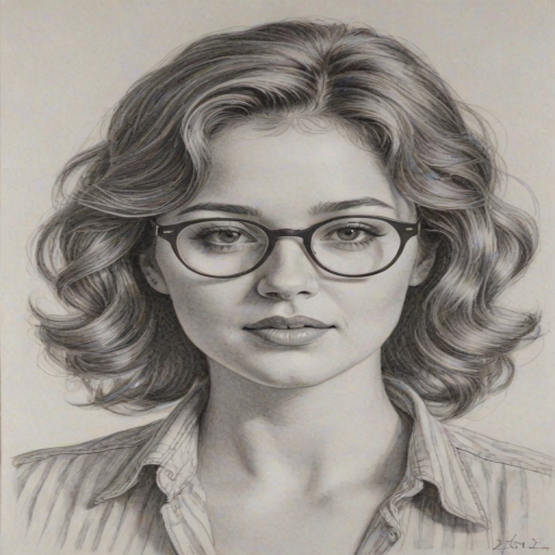 Enticing Kether Donohue, pencil sketch, portrait of Comely woman 1978s in glasses, hair style beatnik, outline, clear lines, fine lines, 8k