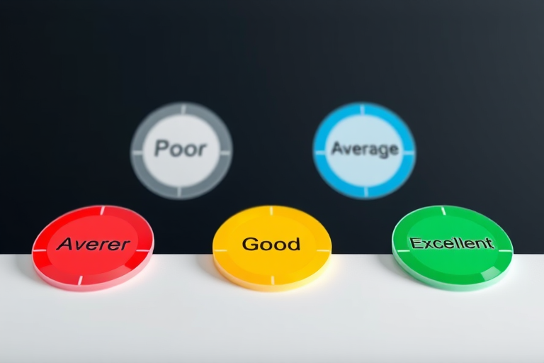 Create an image of circular ratings with labels "Poor," "Average," "Good," and "Excellent" in vibrant colors, with a clean and modern design, using a Canon EOS R5, 50mm lens, f/2.8 aperture, ISO 100, and natural lighting.