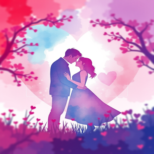 regenerate a romantic watercolor illustration of a couple silhouetted in a heart-shaped scene with vibrant colors of pink, blue, and purple, soft focus, standard lens, ISO 100, aperture f/4, shutter speed 1/100s, using a DSLR camera