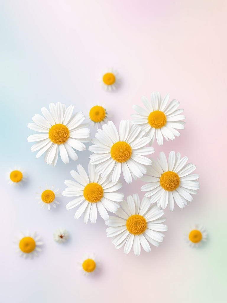 Create a digital illustration of white daisies with yellow centers scattered against a soft pastel gradient background featuring shades of blue, pink, and green, using a Canon EOS R5 with a 50mm lens at f/2.8, ISO 100, and a shallow depth of field to enhance clarity and vibrant colors.