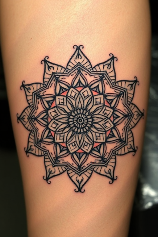 Dotwork mandala tattoo featuring intricate patterns and gradual shading, creating a three-dimensional illusion, incorporating sacred geometry, called "Dimensional Harmony"
