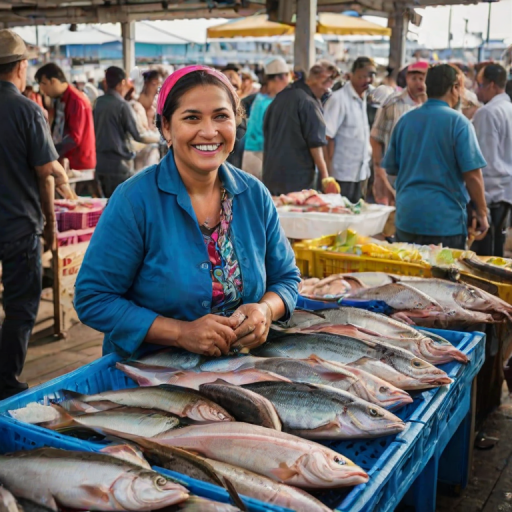 Bustling fish market by the pier, filled with vibrant colors and the sound of vendors shouting their prices, a woman holding a fresh catch with a smile.