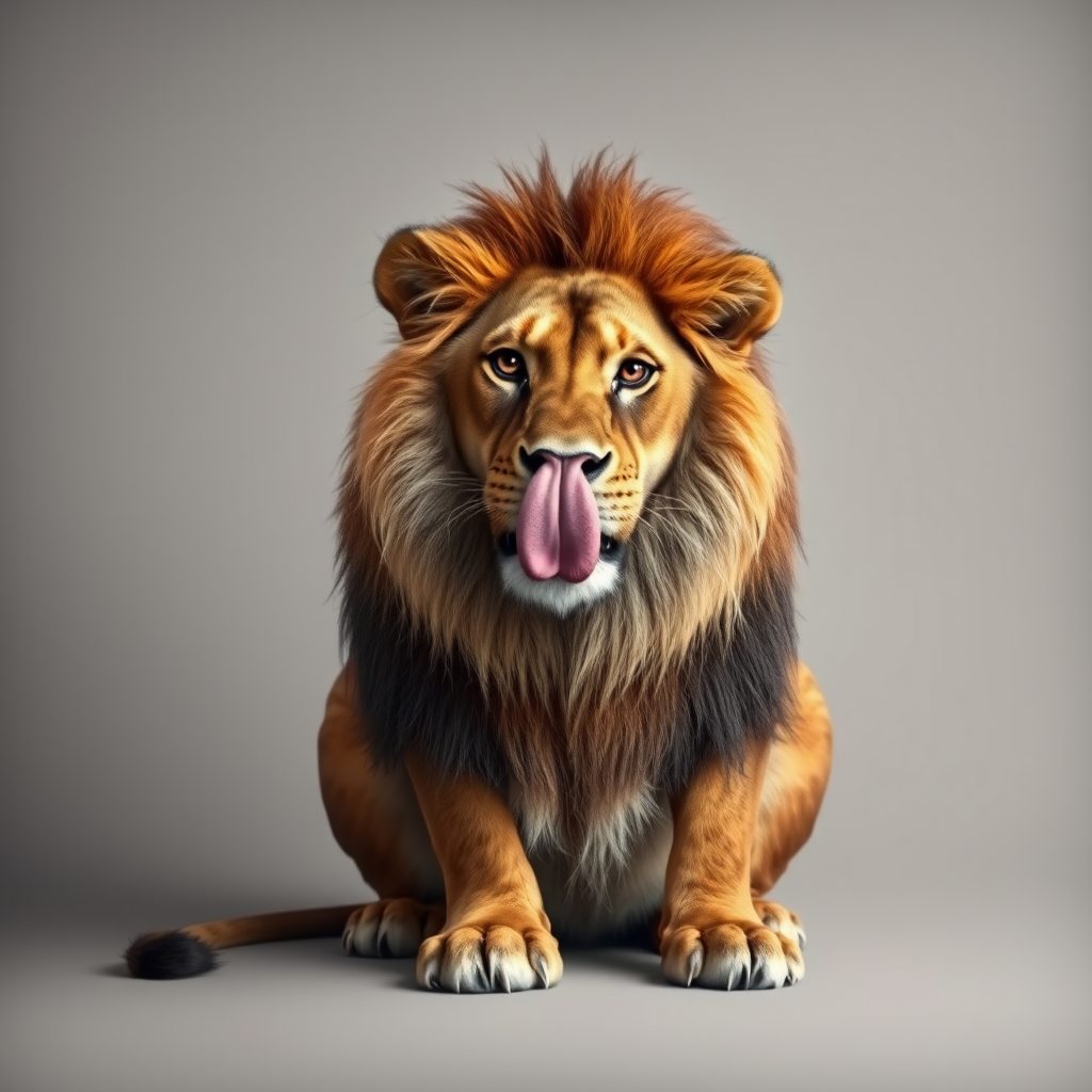 photorealism. a lion, sitting, doing duck face with its lips. plain wood panel bg