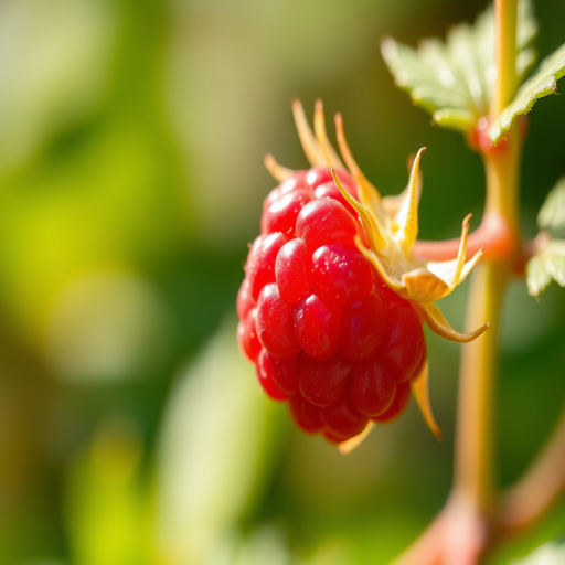 Create a high-resolution image of a ripe raspberry with detailed texture, using a macro lens at f/2.8, 50mm focal length, 1/200 shutter speed, and natural light from the left side for enhanced shadow and depth.