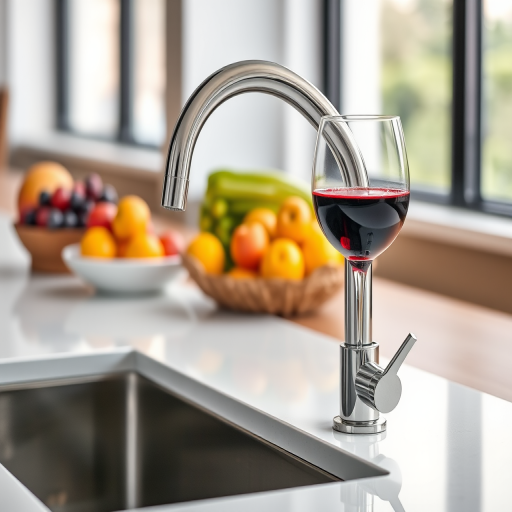 Create a high-resolution image of a modern kitchen sink featuring a sleek, polished chrome faucet, with a glass of red wine beside it on the countertop, styled with fresh fruits in the background, taken with a DSLR camera, ISO 200, aperture f/2.8, focal length 50mm, soft natural lighting, shallow depth of field.