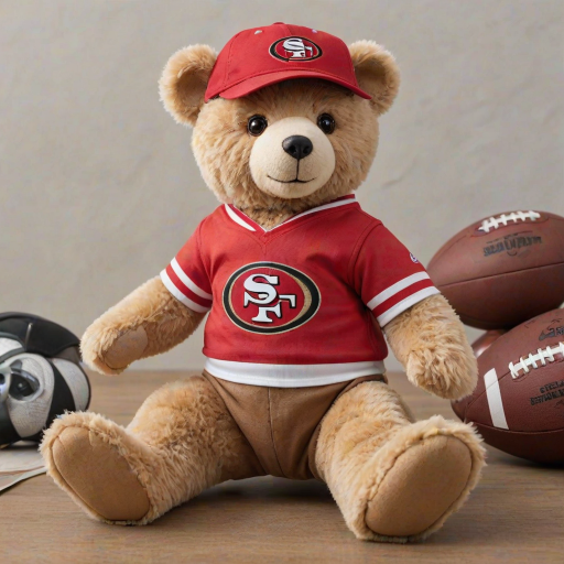 A cute and fluffy teddy bear dressed in a San Francisco 49ers-themed outfit, wearing a red cap with the 49ers logo, aviator sunglasses, and a white football jersey with red accents. The bear is also wearing casual jeans and red and white sneakers, while sitting in a relaxed pose with a football beside it. The teddy bear has a cool, laid-back attitude, with a sporty vibe. The background is clean and minimal, highlighting the bear as the main focus.