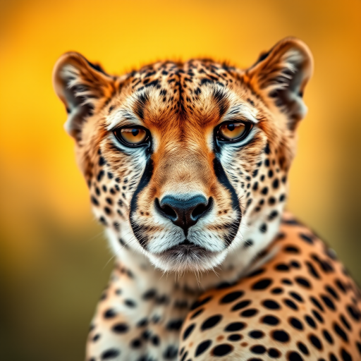 Close-up portrait of a cheetah with sharp focus on its face, golden bokeh background, shot with a Canon EOS R5, 85mm lens, f/1.8 aperture, ISO 100, 1/200s shutter speed, natural light.