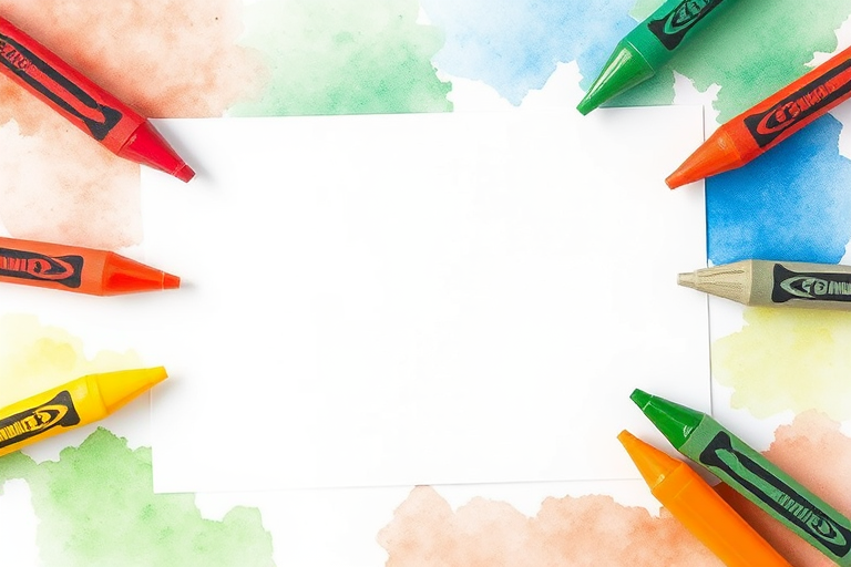 Create a vibrant illustration featuring a blank white paper in the center, surrounded by colorful crayons in red, green, yellow, and orange at the corners, with a soft watercolor background; camera settings: aperture f/8, ISO 100, shutter speed 1/125s; camera view: overhead; camera style: macro; camera type: DSLR.