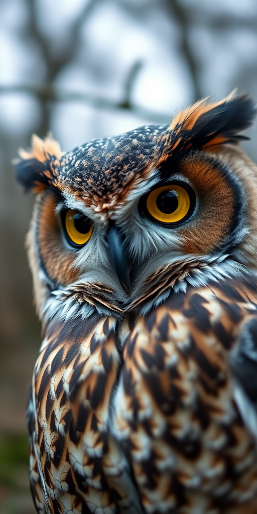 A close-up shot of a regal owl with striking yellow eyes, set against a blurred natural background; camera settings: aperture f/2.8, shutter speed 1/250s, ISO 400; camera view: eye-level; camera style: portrait; camera type: DSLR.