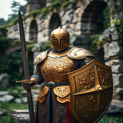 A knight in intricately designed golden armor stands confidently in a lush, ancient backdrop featuring stone ruins, with a sharp sword in one hand and a shield in the other, captured with a DSLR camera, 50mm lens, f/1.8 aperture, ISO 100, and soft diffused lighting to enhance details and textures in the scene.