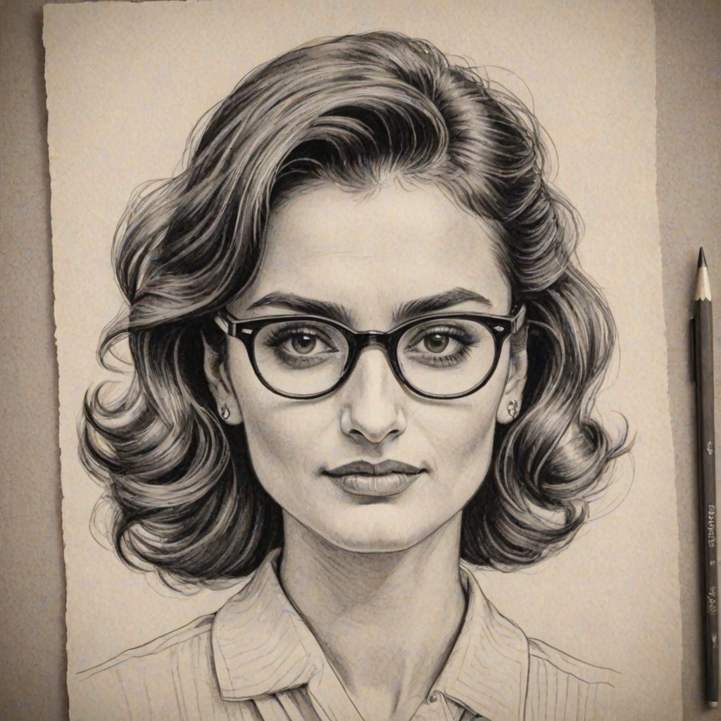 Graceful Pen'lope Cruz, pencil sketch, portrait of Comely woman 1935s in glasses, hair style beatnik, outline, clear lines, fine lines, 8k