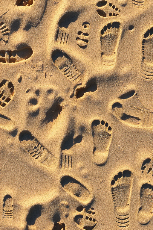 High-resolution image of sandy ground with various shoeprints, overhead view, natural lighting, 50mm lens, f/8 aperture, 1/200 sec shutter speed, DSLR camera.