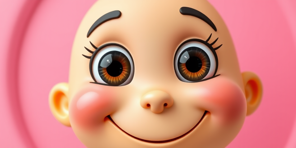 A bright and cheerful smiley face with large eyes and a wide smile on a pink circular background, captured with a Canon EOS R5 at f/8, ISO 100, 1/125s, using a macro lens for enhanced detail.