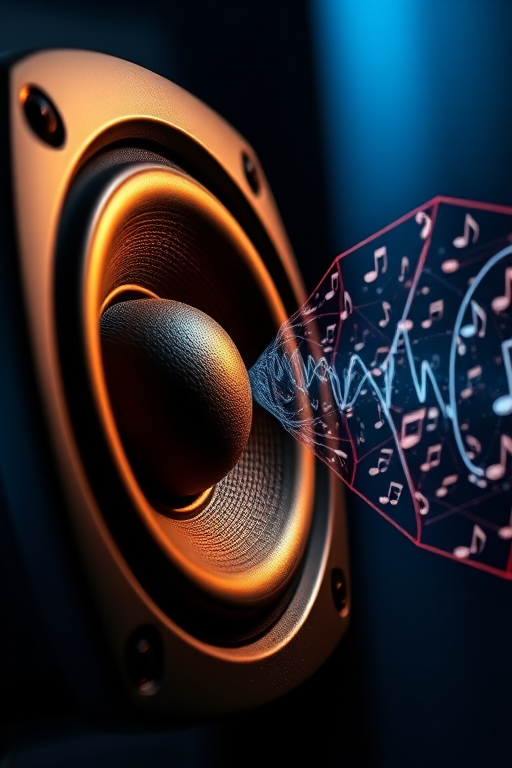 Create a high-resolution image of a speaker emitting sound waves, using a DSLR camera with a 50mm lens, f/1.8 aperture, ISO 100, shutter speed 1/200 sec, in a studio lighting setting for enhanced clarity and detail.