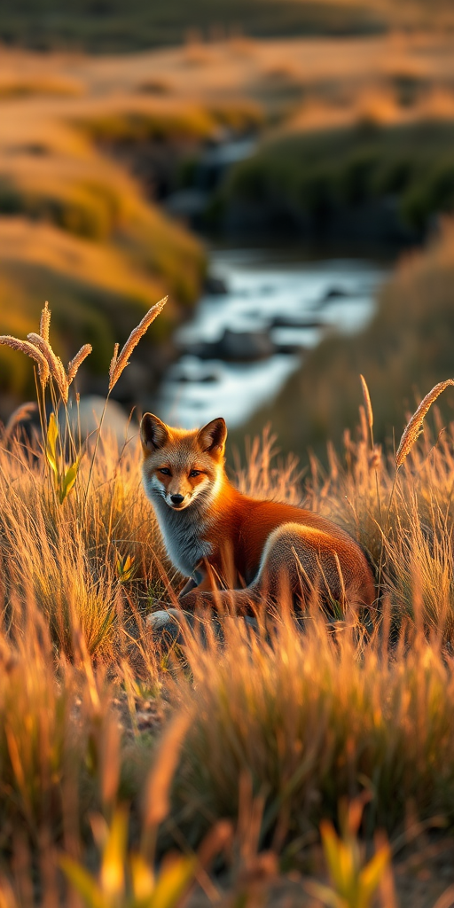 A serene landscape featuring a resting fox surrounded by tall golden grass and a gentle stream in the background, captured with a Canon EOS R5, 50mm lens, f/2.8 aperture, ISO 100, at sunrise for soft lighting and enhanced color vibrancy.