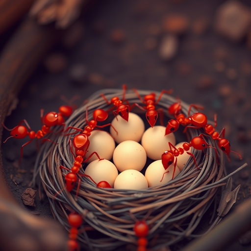 Illustration of red ants around their nest with eggs, macro photography style, vibrant colors, shallow depth of field, using a DSLR camera with 50mm lens at f/2.8, ISO 100, natural lighting.