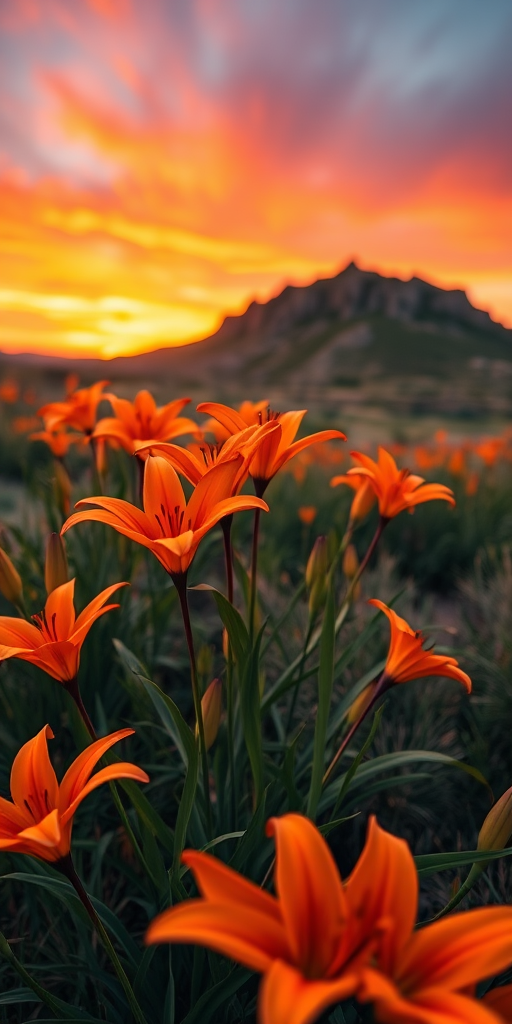 a vividly colored sunset landscape with orange lilies in the foreground and a rocky hill in the background, captured with a Canon EOS R6, 24mm lens at f/8, ISO 100, 1/60 sec exposure, shot from a low angle to emphasize the flowers and depth of field, using a wide-angle perspective for enhanced clarity and dynamic range