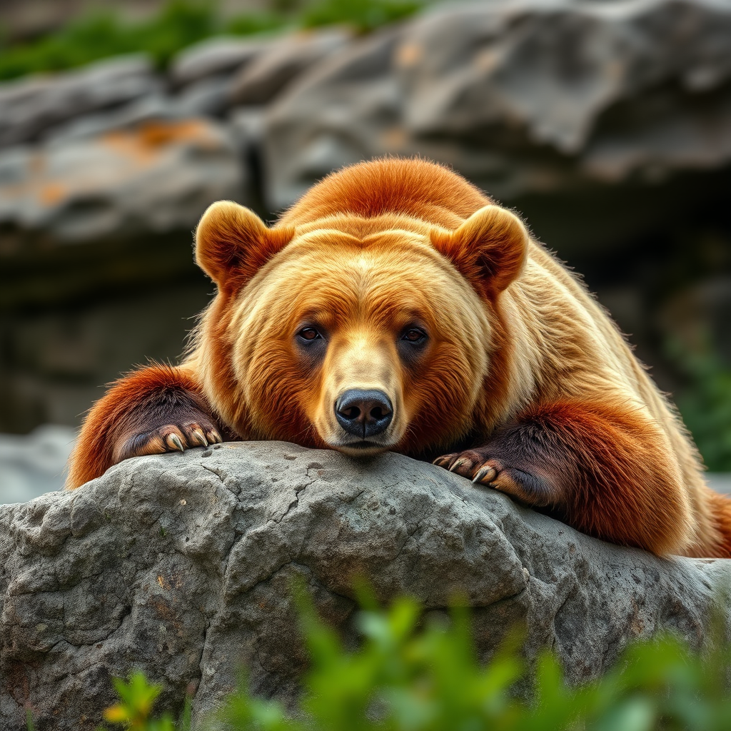 Capture a relaxed brown bear resting on a rock in a natural setting, using a Canon EOS 5D Mark IV, 85mm lens, aperture f/2.8, shutter speed 1/250s, ISO 400, shallow depth of field for a soft background blur, and taken at eye level to emphasize the bear's expression.