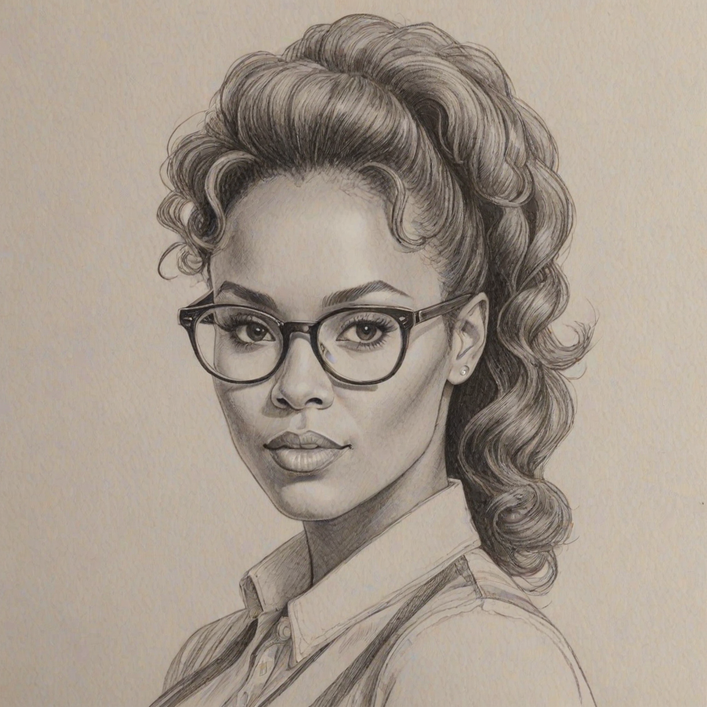 Ravishing Janelle Mon'e, pencil sketch, portrait of Enticing woman 1978s in glasses, hair style beatnik, outline, clear lines, fine lines, 8k