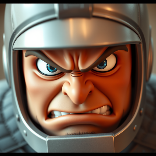 Create an image of an angry cartoon character with a silver helmet, sharp blue eyes, and a prominent jawline, using a DSLR camera with a 50mm lens, f/1.8 aperture, ISO 100, shot in RAW format, top-down view with soft lighting to enhance facial features and details.