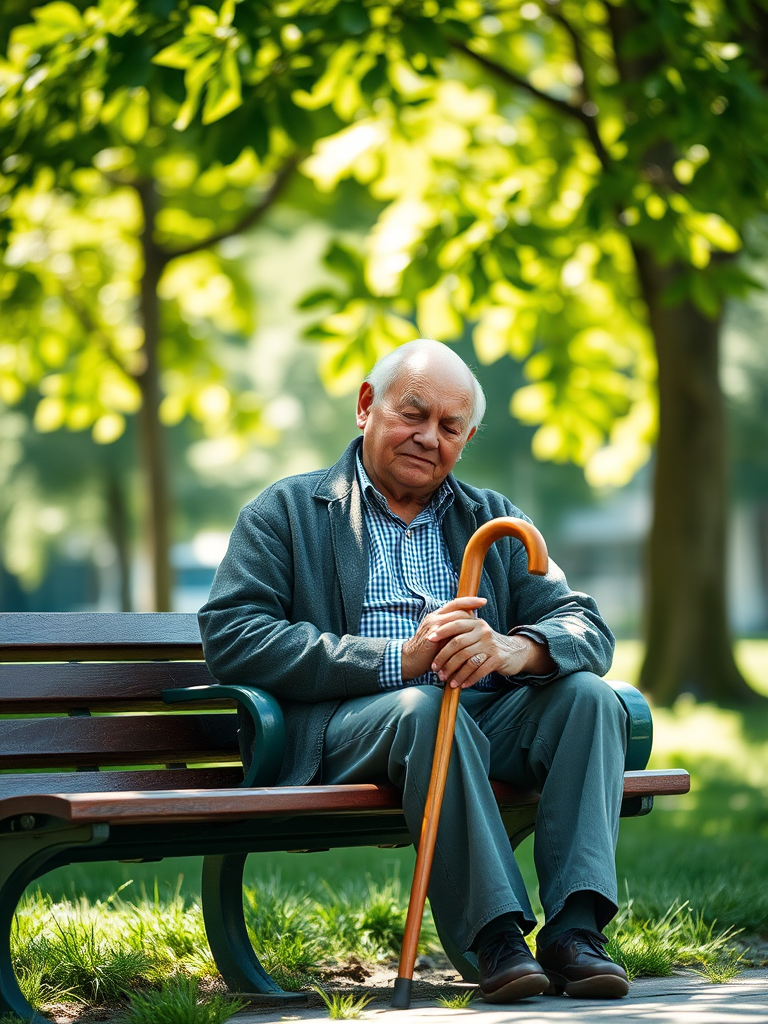 Capture a serene moment of an elderly man sitting on a park bench with a wooden cane, eyes closed, enjoying sunlight filtering through green leaves, shot with a Canon EOS 5D Mark IV, f/2.8 aperture, ISO 100, 50mm lens, using natural lighting and a shallow depth of field for a soft background effect.