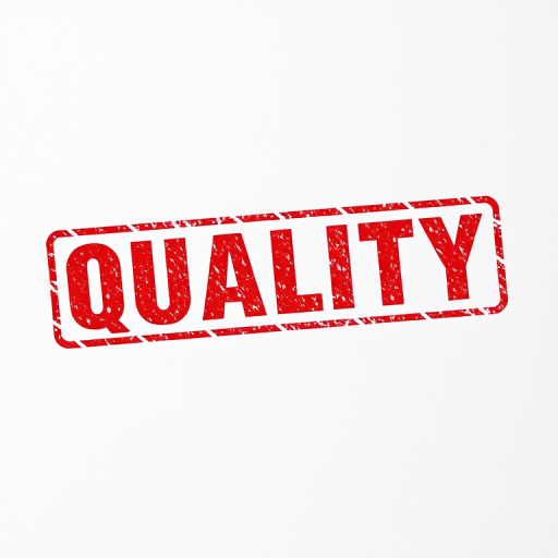 Create an image of the word quality in bold red letters with a textured stamp effect on a white background, shot with a DSLR camera at f/2.8, ISO 100, 50mm lens, top-down view, high dynamic range.