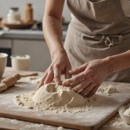 Close-up of a pair of hands kneading dough on a floured surface, soft light illuminating the flour and the dough, with kitchen utensils softly blurred in the background.