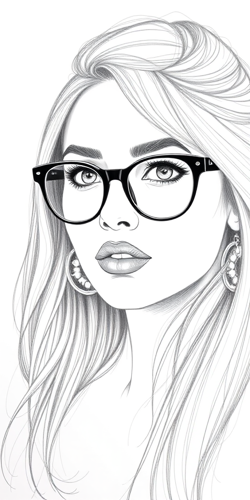 hot mia khalifa, pencil sketch, portrait of beautiful woman 60s in glasses, hair style beatnik, outline, clear lines, fine lines, 8k