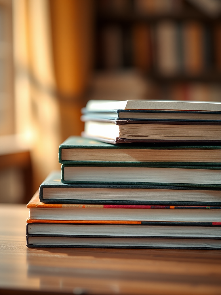 Create a high-resolution image of a stack of books with a soft focus background, using a DSLR camera with a 50mm lens, aperture set to f/1.8, ISO 200, and natural lighting for a warm effect.