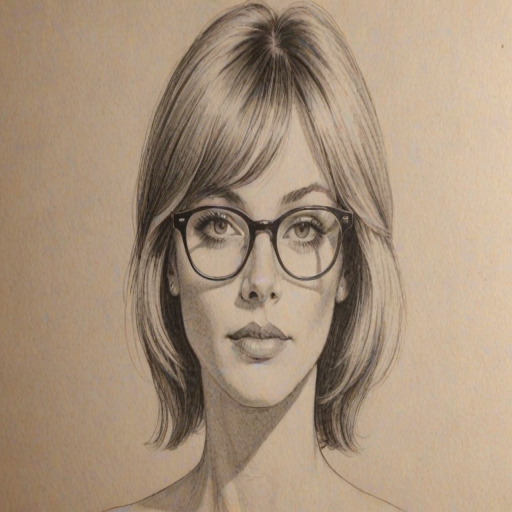 Pleasing Zoe Laverne, pencil sketch, portrait of Ravishing woman 1972s in glasses, hair style beatnik, outline, clear lines, fine lines, 8k