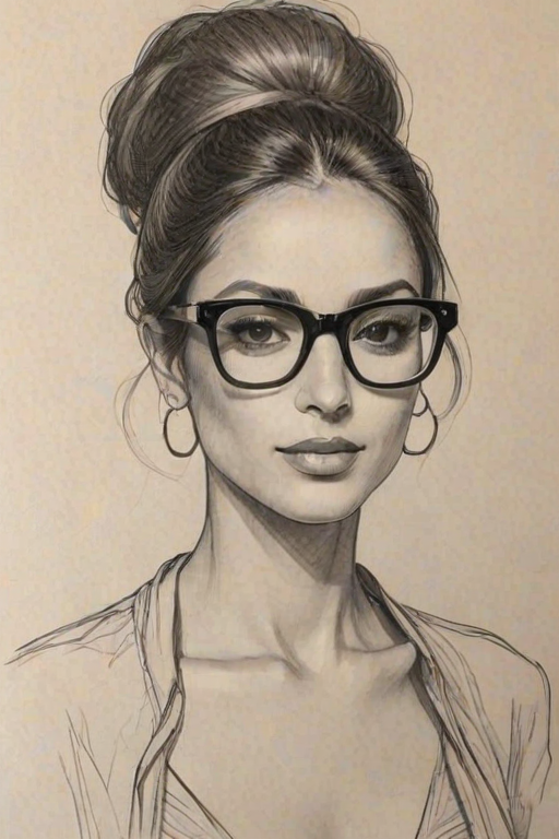 Exquisite Iman Vellani, pencil sketch, portrait of Appealing woman 1974s in glasses, hair style beatnik, outline, clear lines, fine lines, 8k
