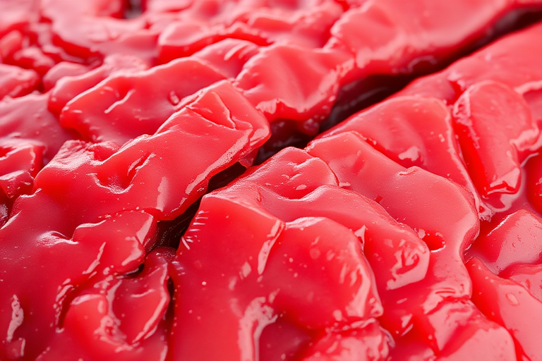 generate a highly detailed illustration of a fresh liver, focus on texture and color variations, use macro lens, aperture f/2.8 for shallow depth of field, lighting with softbox for even illumination, shot from a slightly elevated angle to highlight anatomical details, use a digital SLR camera for clarity