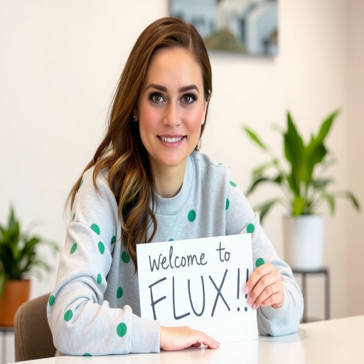 Instagram photo of a woman sitting at a table wearing a light grey sweatshirt with green polka-dots on it, holding a sign that has the writing "Welcome to FLUX!!" written on it. She is looking at the camera with a slight smile and in the background are some office plants on either side of her out of focus