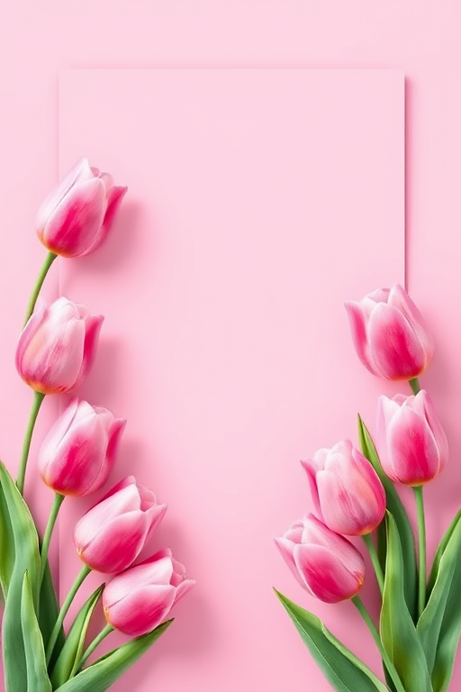 Create an illustration of a pink-themed card with tulip flowers on both sides, featuring a blank center for customization, using a soft-focus lens effect, 35mm camera, aperture f/4, 1/60 shutter speed, with vibrant colors and smooth gradients.