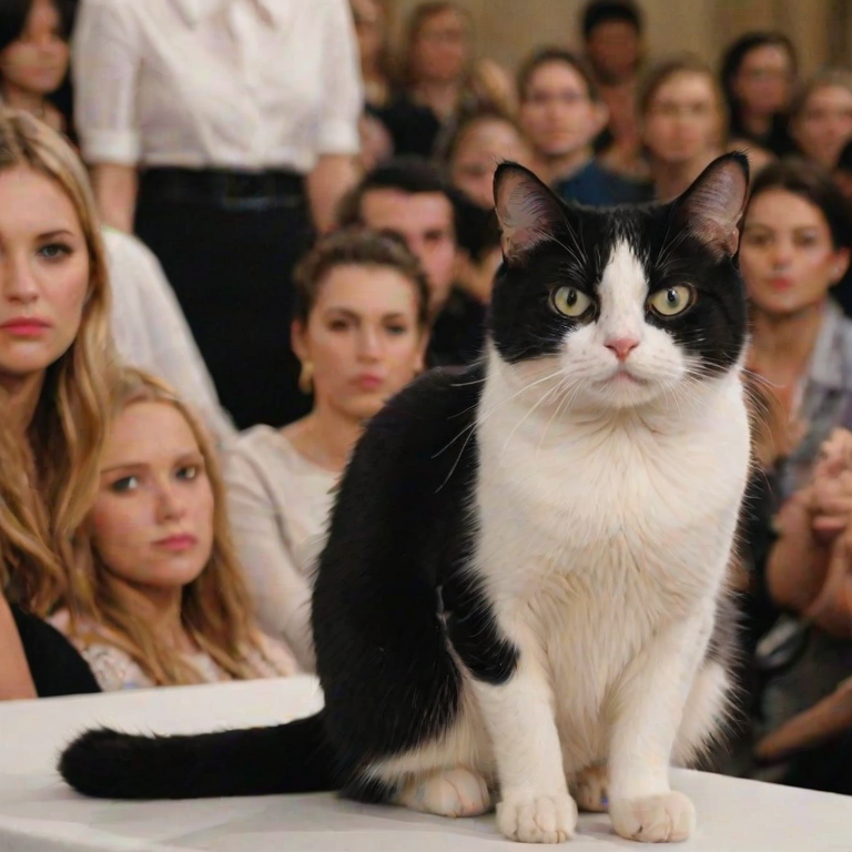 A close-up photograph of a white and black cat sitting among the audience at a fashion show. Its tail is curled beside it, and its predominantly white face shows a distinctive expression, resembling a domestic shorthair, with slightly squinted eyes that convey frustration. Surrounded by spectators, the cat watches as models walk down the runway in high-fashion outfits, sitting grumpily in its chair, clearly unimpressed by the glamorous spectacle.