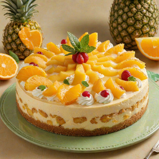 Create an image of a delicious tropical fruit cheesecake topped with pineapple slices, orange segments, and a decorative swirl of cream. The cake should have a golden-brown crust and a fresh mint leaf placed on top for garnish. The background should be softly blurred to emphasize the vibrant colors of the cake.