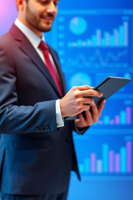 Create a digital image of a business professional in a suit holding a tablet, with a vibrant blue background featuring graphs and data visualizations, shot with a DSLR camera at f/2.8, ISO 100, 50mm lens, using a shallow depth of field for enhanced focus.
