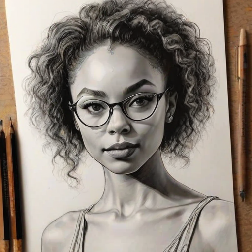 Exquisite Logan Browning, pencil sketch, portrait of Radiant woman 1975s in glasses, hair style beatnik, outline, clear lines, fine lines, 8k