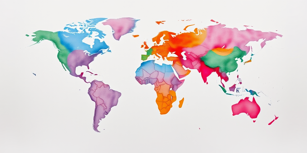 Create an abstract watercolor world map with vibrant colors, soft texture, and a gradient background, captured with a DSLR camera at f/8 aperture, 1/100 sec shutter speed, ISO 200, using a 50mm lens from a slightly elevated angle for depth and detail.