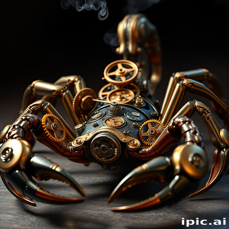 Create a high-intensity, high-resolution image of a steampunk scorpion, featuring intricate clockwork mechanisms and brass gears. The scorpion should have metallic limbs with elaborate jointed segments, showcasing a blend of Victorian-era aesthetics and futuristic technology. The body should be adorned with cogwheels, pistons, and small steam vents emitting a subtle mist, the front pinchers should up up and open. Capture the scene with dramatic lighting to emphasize the mechanical details, giving it a sense of motion and life