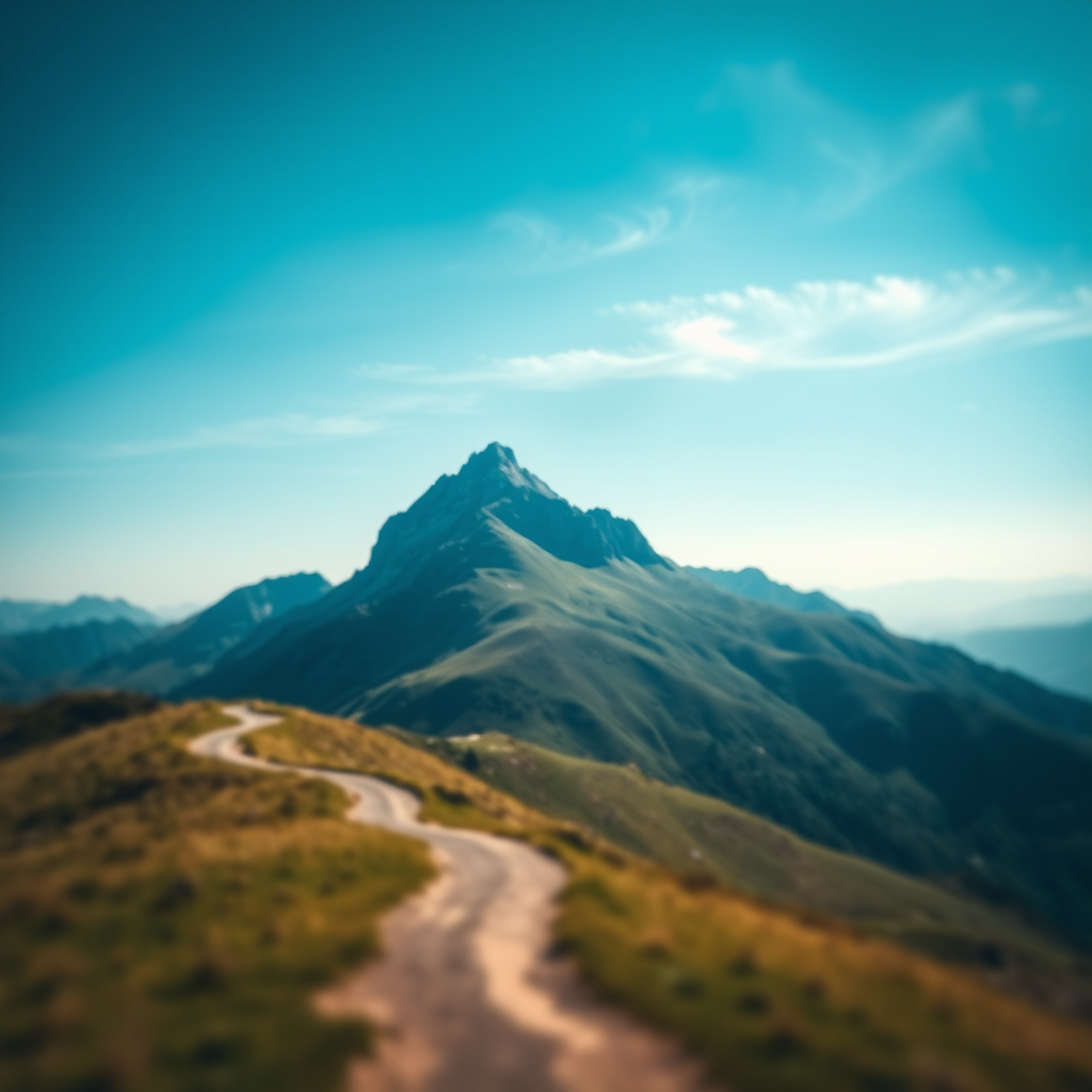 mountain landscape with a winding path under a blue sky, shot with a DSLR camera, 35mm lens, aperture f/8, ISO 100, 1/250 sec, soft focus style